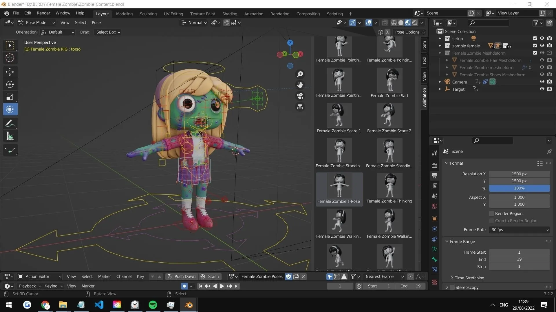 Cartoon Female Zombie 3D model in Blender workspace